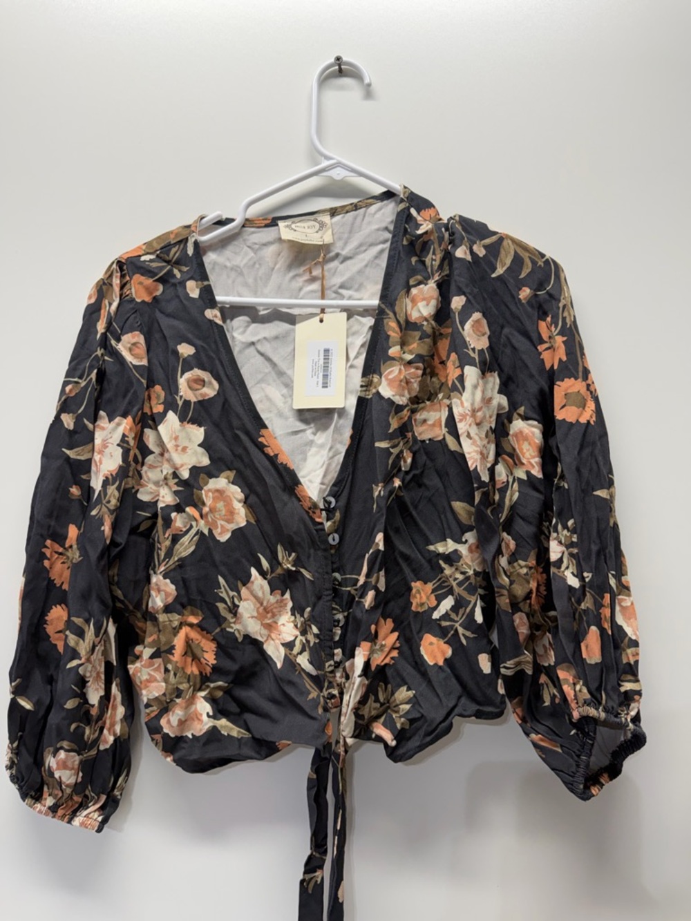 Floral Tie-Front V-Neck Blouse in Black with Cream & Peach Blooms